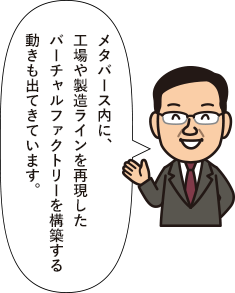 メタバース内に、工場や製造ラインを再現したバーチャルファクトリーを構築する動きも出てきています。