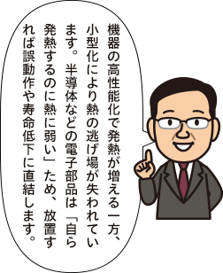機器の高性能化で発熱が増える一方、小型化により熱の逃げ場が失われています。半導体などの電子部品は「自ら発熱するのに熱に弱い」ため、放置すれば誤動作や寿命低下に直結します。